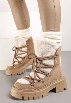 Ciemnobeżowe Sznurowane Śniegowce na Platformie z Ociepleniem Innathiel