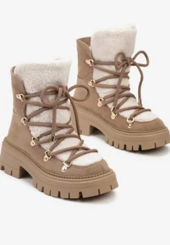 Ciemnobeżowe Sznurowane Śniegowce na Platformie z Ociepleniem Innathiel