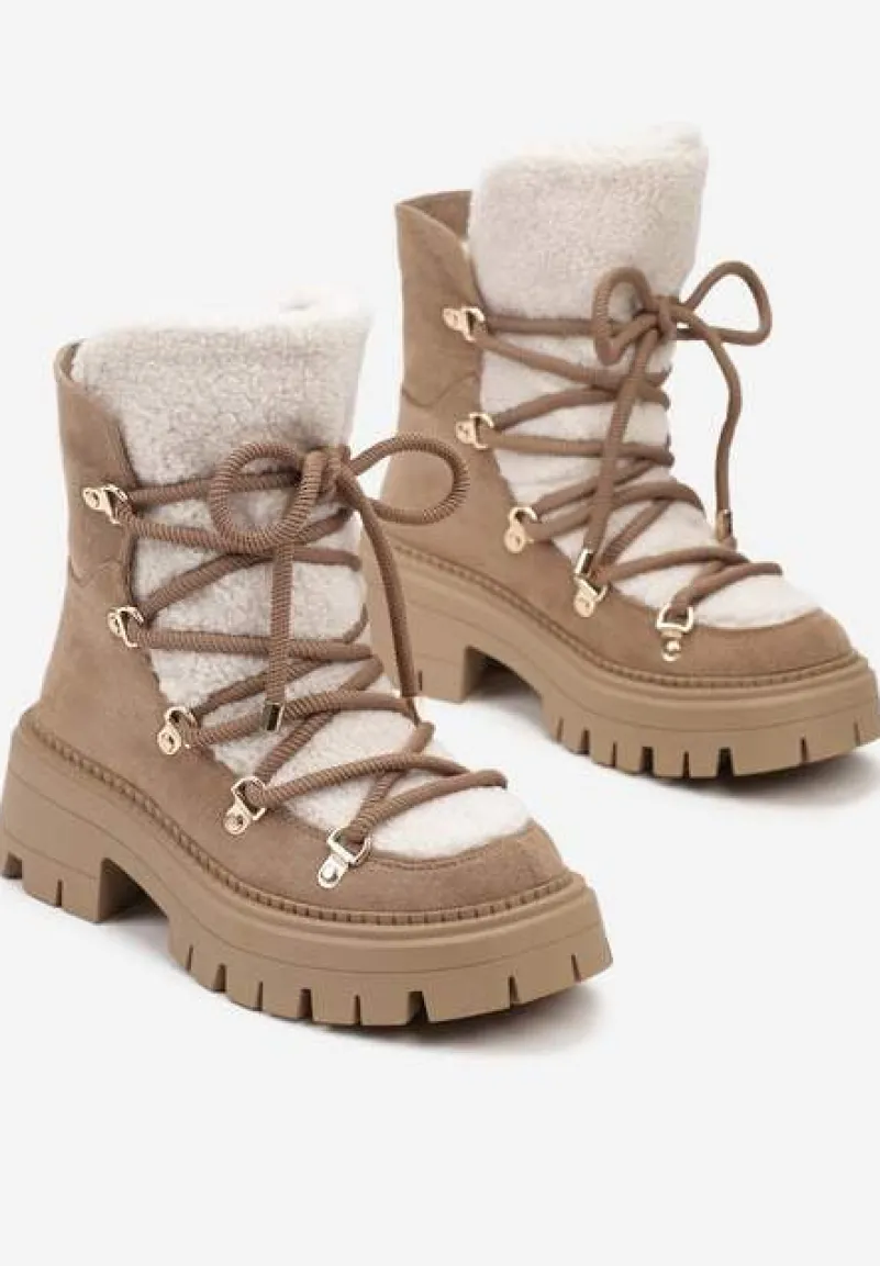 Ciemnobeżowe Sznurowane Śniegowce na Platformie z Ociepleniem Innathiel