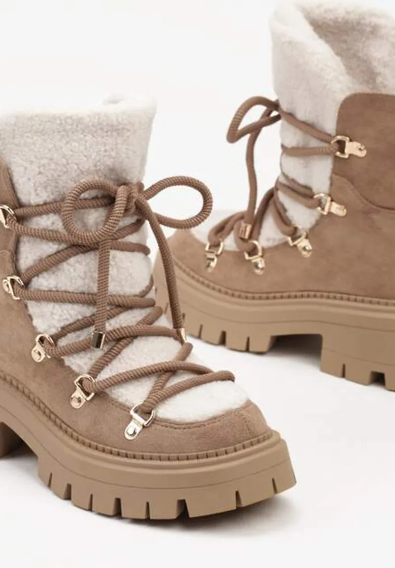 Ciemnobeżowe Sznurowane Śniegowce na Platformie z Ociepleniem Innathiel
