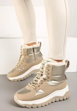 Ciemnobeżowe Sznurowane Pikowane Śniegowce na Płaskiej Podeszwie z Metalicznymi Wstawkami Rialineae