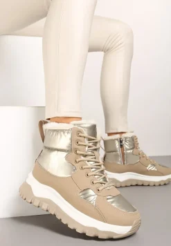 Ciemnobeżowe Sznurowane Pikowane Śniegowce na Płaskiej Podeszwie z Metalicznymi Wstawkami Rialineae