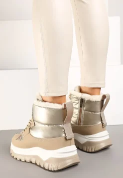 Ciemnobeżowe Sznurowane Pikowane Śniegowce na Płaskiej Podeszwie z Metalicznymi Wstawkami Rialineae