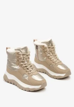 Ciemnobeżowe Sznurowane Pikowane Śniegowce na Płaskiej Podeszwie z Metalicznymi Wstawkami Rialineae