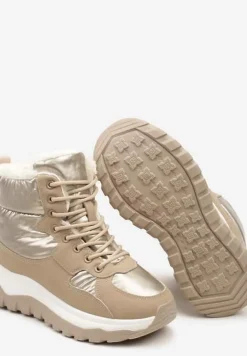 Ciemnobeżowe Sznurowane Pikowane Śniegowce na Płaskiej Podeszwie z Metalicznymi Wstawkami Rialineae