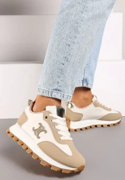 Ciemnobeżowe Sznurowane Sneakersy na Płaskiej Podeszwie Ozdobione Metalicznymi Aplikacjami Zetissa