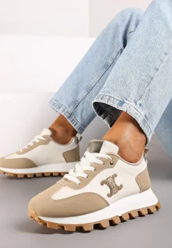 Ciemnobeżowe Sznurowane Sneakersy na Płaskiej Podeszwie Ozdobione Metalicznymi Aplikacjami Zetissa