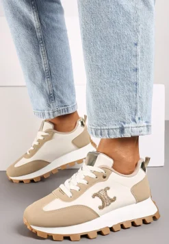 Ciemnobeżowe Sznurowane Sneakersy na Płaskiej Podeszwie Ozdobione Metalicznymi Aplikacjami Zetissa