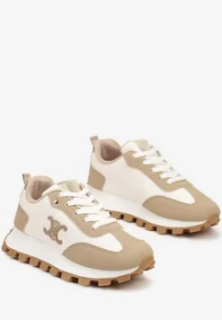 Ciemnobeżowe Sznurowane Sneakersy na Płaskiej Podeszwie Ozdobione Metalicznymi Aplikacjami Zetissa