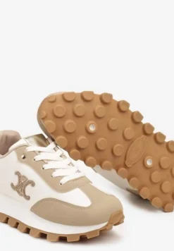 Ciemnobeżowe Sznurowane Sneakersy na Płaskiej Podeszwie Ozdobione Metalicznymi Aplikacjami Zetissa