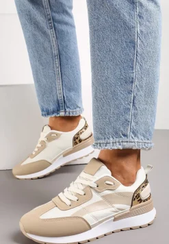 Ciemnobeżowe Sznurowane Sneakersy z Materiałowymi Wstawkami Aneril