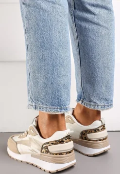 Ciemnobeżowe Sznurowane Sneakersy z Materiałowymi Wstawkami Aneril