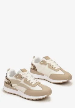 Ciemnobeżowe Sznurowane Sneakersy z Materiałowymi Wstawkami Aneril