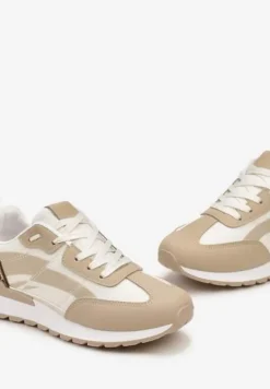 Ciemnobeżowe Sznurowane Sneakersy z Materiałowymi Wstawkami Aneril