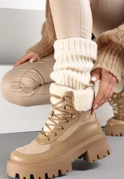 Ciemnobeżowe Sznurowane Traperki na Płaskiej Podeszwie z Futerkiem Alita