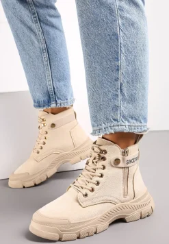 Ciemnobeżowe Sznurowane Traperki z Ekozamszu z Suwakiem i Paskiem z Napisami Dikofena