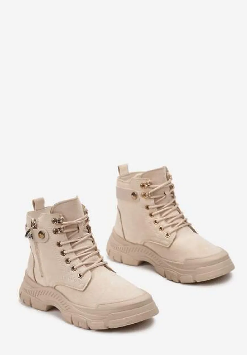 Ciemnobeżowe Sznurowane Traperki z Ekozamszu z Suwakiem i Paskiem z Napisami Dikofena