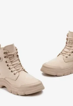 Ciemnobeżowe Sznurowane Traperki z Ekozamszu z Suwakiem i Paskiem z Napisami Dikofena