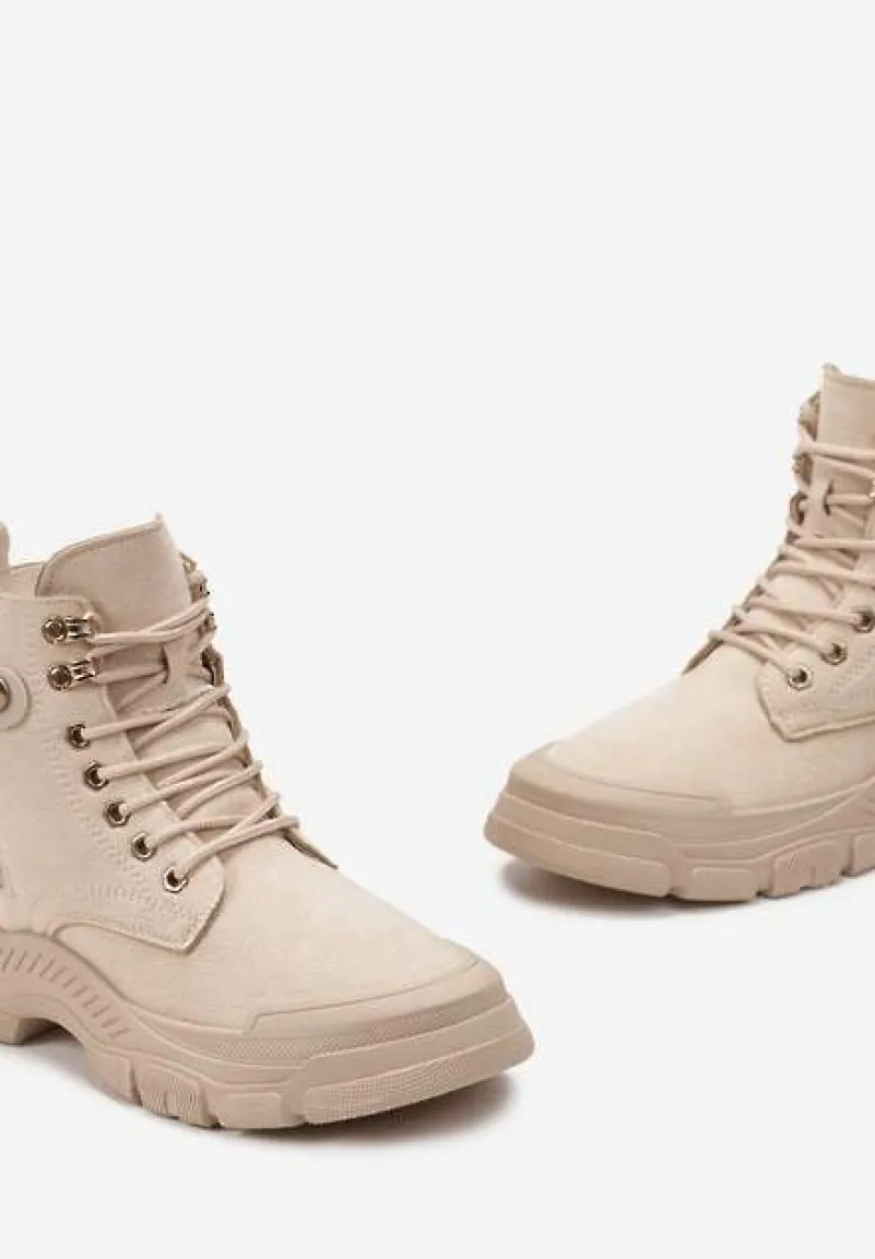 Ciemnobeżowe Sznurowane Traperki z Ekozamszu z Suwakiem i Paskiem z Napisami Dikofena