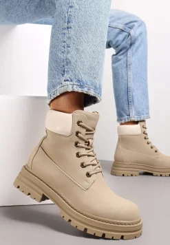 Ciemnobeżowe Sznurowane Traperki z Protektorem Esmerra