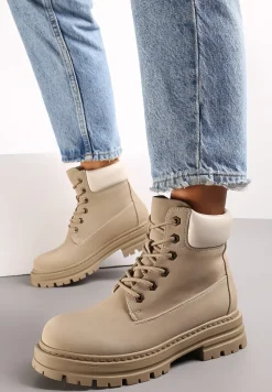 Ciemnobeżowe Sznurowane Traperki z Protektorem Esmerra