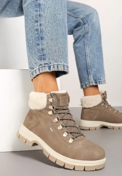 Ciemnobeżowe Sznurowane Traperki na Płaskiej Podeszwie Ozdobione Futerkiem Seassia