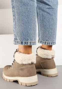 Ciemnobeżowe Sznurowane Traperki na Płaskiej Podeszwie Ozdobione Futerkiem Seassia