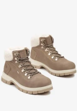 Ciemnobeżowe Sznurowane Traperki na Płaskiej Podeszwie Ozdobione Futerkiem Seassia
