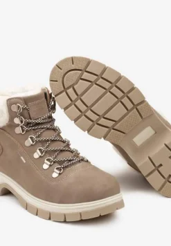 Ciemnobeżowe Sznurowane Traperki na Płaskiej Podeszwie Ozdobione Futerkiem Seassia