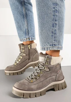 Ciemnobeżowe Sznurowane Traperki Vico na Płaskiej Podeszwie z Ociepleniem Neavilin