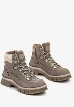 Ciemnobeżowe Sznurowane Traperki Vico na Płaskiej Podeszwie z Ociepleniem Neavilin