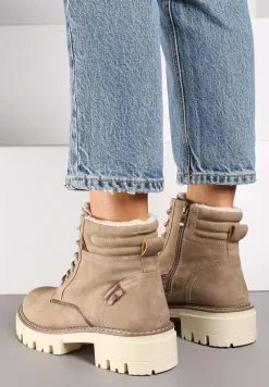 Ciemnobeżowe Sznurowane Traperki na Płaskiej Podeszwie Ozdobione Przeszyciami Lerania