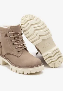 Ciemnobeżowe Sznurowane Traperki na Płaskiej Podeszwie Ozdobione Przeszyciami Lerania