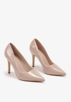 Ciemnobeżowe Szpilki Lakierowane w Klasycznym Stylu Rotina