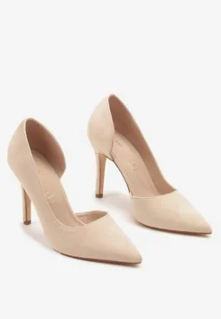 Ciemnobeżowe Szpilki Vices z Wkładką ze Skóry Naturalnej Ozdobione Wycięciem Oliritia