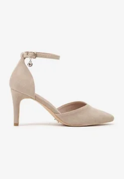 Ciemnobeżowe Szpilki Vices z Wkładką ze Skóry Naturalnej i Ozdobnym Paskiem Korori