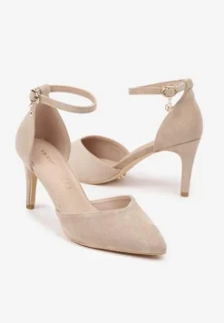 Ciemnobeżowe Szpilki Vices z Wkładką ze Skóry Naturalnej i Ozdobnym Paskiem Korori