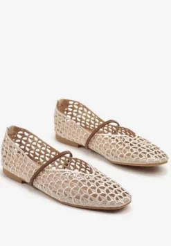 Ciemnobeżowe Szydełkowe Balerinki w Stylu Boho z Paskiem Vomea