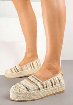 Ciemnobeżowe Szydełkowe Espadryle w Paski na Podeszwie z Plecionki Tillireta