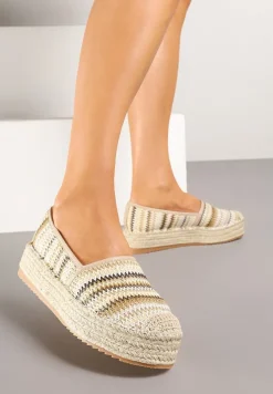 Ciemnobeżowe Szydełkowe Espadryle w Paski na Podeszwie z Plecionki Tillireta