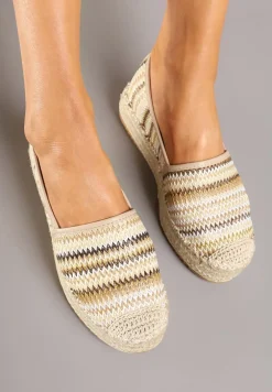 Ciemnobeżowe Szydełkowe Espadryle w Paski na Podeszwie z Plecionki Tillireta