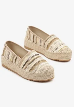 Ciemnobeżowe Szydełkowe Espadryle w Paski na Podeszwie z Plecionki Tillireta