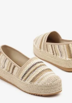Ciemnobeżowe Szydełkowe Espadryle w Paski na Podeszwie z Plecionki Tillireta