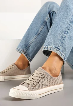 Ciemnobeżowe Szydełkowe Trampki o Klasycznym Fasonie Vovessa