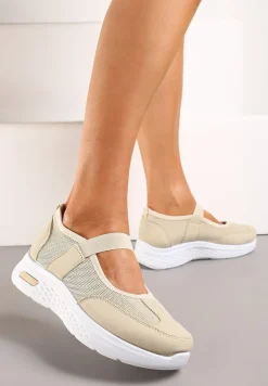 Ciemnobeżowe Tenisówki na Płaskiej Podeszwie z Perforacją i Elastyczną Wstawką Xolema