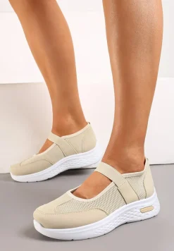 Ciemnobeżowe Tenisówki na Płaskiej Podeszwie z Perforacją i Elastyczną Wstawką Xolema