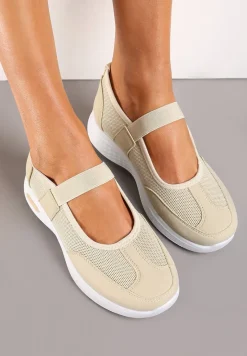 Ciemnobeżowe Tenisówki na Płaskiej Podeszwie z Perforacją i Elastyczną Wstawką Xolema