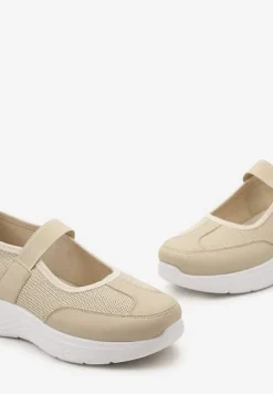 Ciemnobeżowe Tenisówki na Płaskiej Podeszwie z Perforacją i Elastyczną Wstawką Xolema