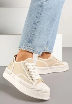 Ciemnobeżowe Trampki na Platformie z Metaliczną Ozdobą Afleeria