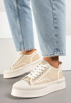 Ciemnobeżowe Trampki na Platformie z Metaliczną Ozdobą Afleeria